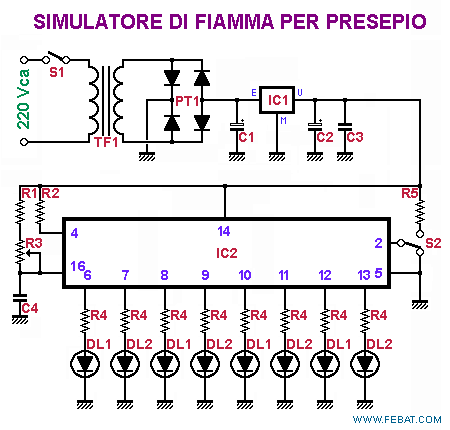 Schema elettrico del simulatore di fiamma per Presepio.
