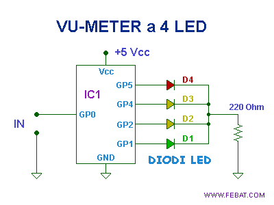 Schema elettrico del vu-meter a 4 led.