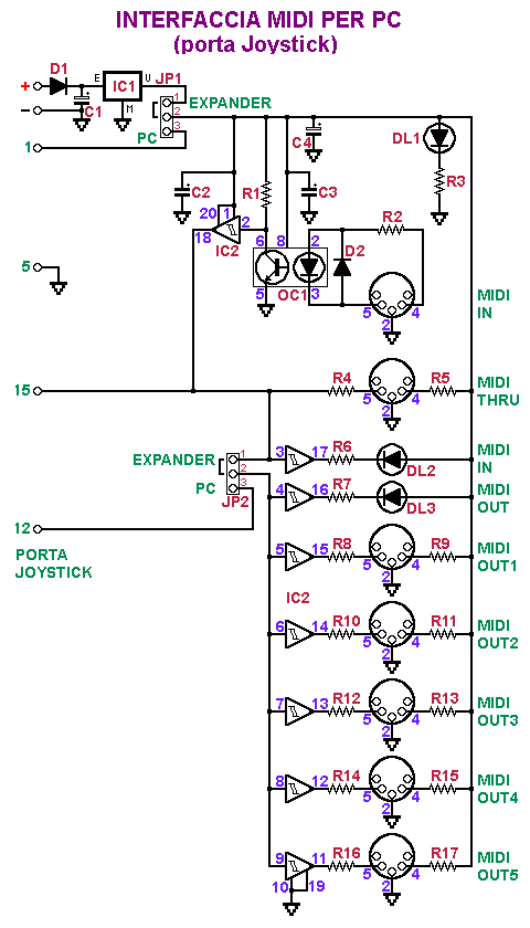Schema elettrico dell'interfaccia MIDI per PC (joystick)